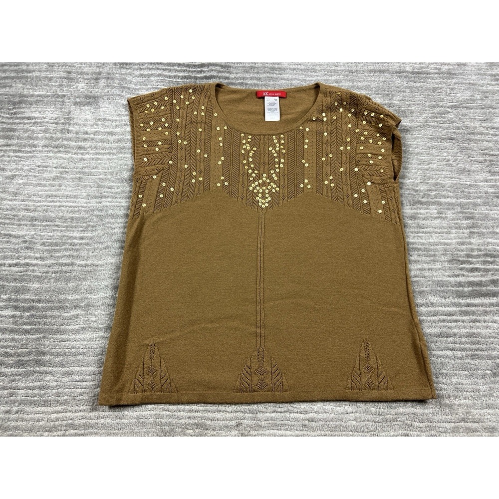 Anne Klein Top‎ Womens Petite Medium Brown Short Sleeve Sequin Knit Rayon Blend